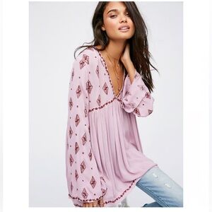 FREE PEOPLE SzS DIAMOND EMBROIDERED LONG SLEEVE TOP TUNIC PLUM